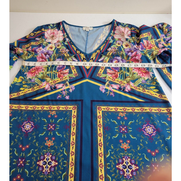 UMGEE Blue Floral Whimsical Fairy Bell Sleeve Tunic Dress Women's Size Small - Picture 2 of 8